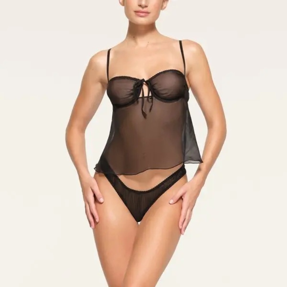 NWT Skims romance babydoll top M black onyx mesh chiffon sheer Silk